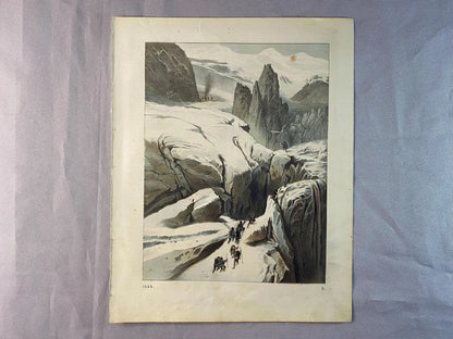 1856 Alpen Gletscherlandschaft Farblithografie | Historische Bergsteiger-Szene | Expedition