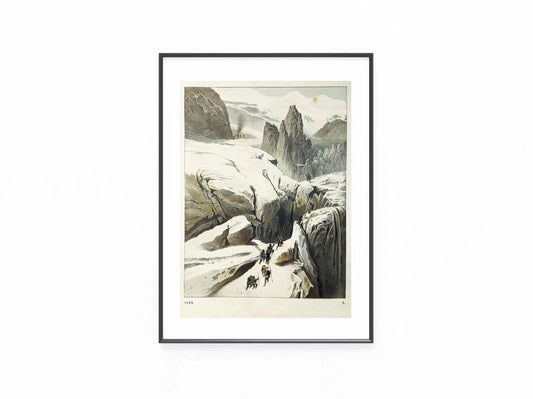 1856 Alpen Gletscherlandschaft Farblithografie | Historische Bergsteiger-Szene | Expedition