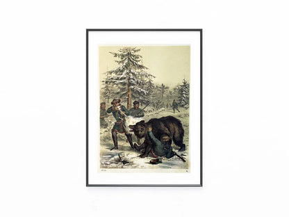 Bärenjagd Winterwald 1858 Original | Historische Jagdszene | Antiker Wildtier Druck Jagen