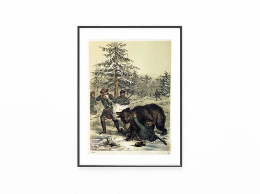 Bärenjagd Winterwald 1858 Original | Historische Jagdszene | Antiker Wildtier Druck Jagen