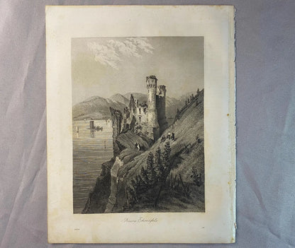 1856 Burgruine Ehrenfels am Rhein Original Stahlstich | Mittelalter Grafik Burgen Ruinen