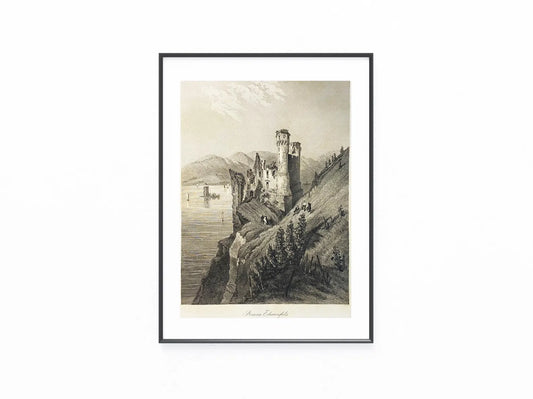 1856 Burgruine Ehrenfels am Rhein Original Stahlstich | Mittelalter Grafik Burgen Ruinen
