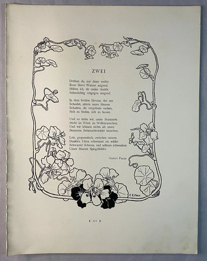 Original Jugendstil Druck Gustav Falke ZWEI 1900 | Historische Grafik mit floralem Rahmen