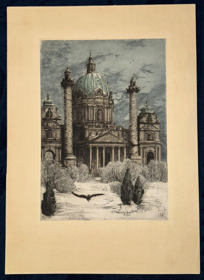 Original Karlskirche Wien Tafel 1919 Architektur Radierung | Winterliche Stadtansicht