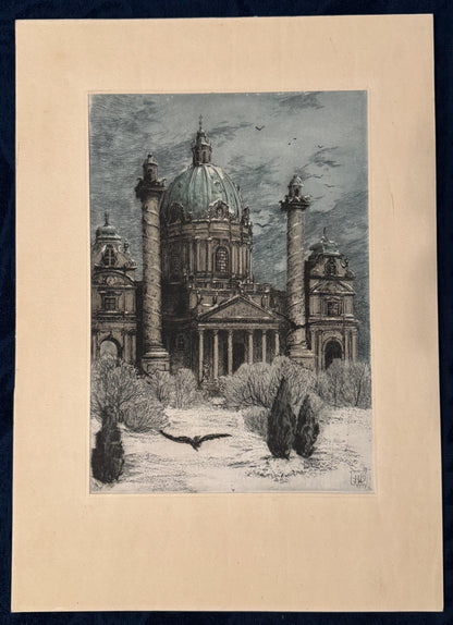 Original Karlskirche Wien Tafel 1919 Architektur Radierung | Winterliche Stadtansicht