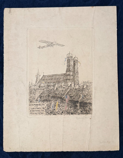 Original Chamberlin & Levine Ankunft München Tafel 1927 Lithografie
