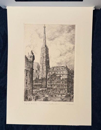 Original Radierung 1920 Wien Stephansdom mit Passepartout Signiert